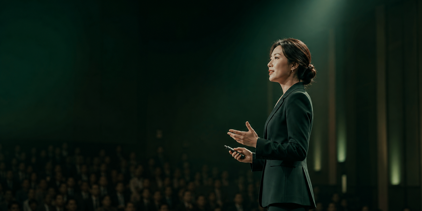 강연 무대에서 발표하는 여성 임원