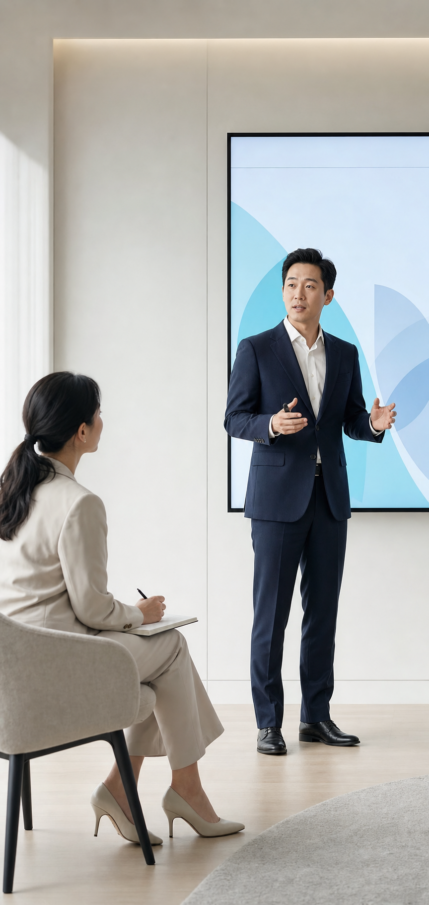 임원 발표를 리허설하며 피드백을 기록하는 코치